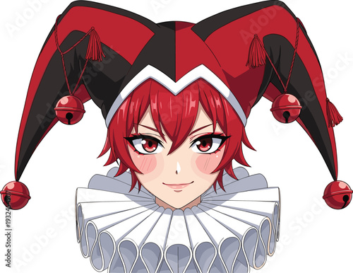 Anime Style Jester Girl Face with Red and Black Hat and Bells Carnival Character Vector Illustration