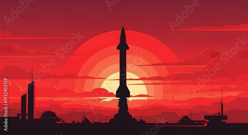 High-resolution 2D vector art of a ballistic missile silhouette above a futuristic landscape, intense red sunset sky with dramatic gradient, modern propaganda poster style