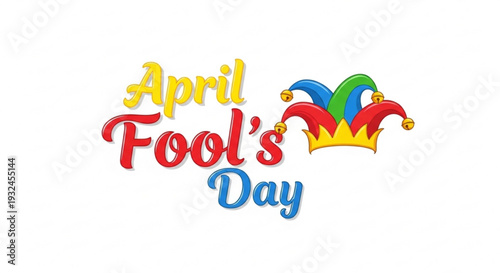 Colorful april fool's day greeting with jester hat on white background festive holiday symbol