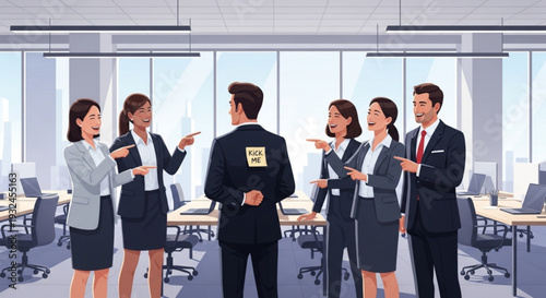 Business people discussing in modern office with glass windows and city view