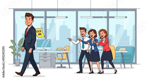 Businessman walks past coworkers laughing and pointing at him in modern office setting with city view