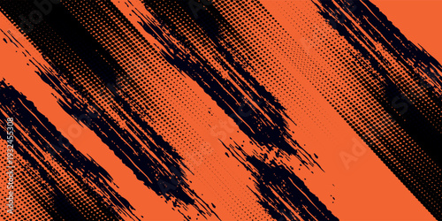 Orange and black grunge urban background with dry rough texture and halftones pattern. Hand drawn punk vector retro banner
