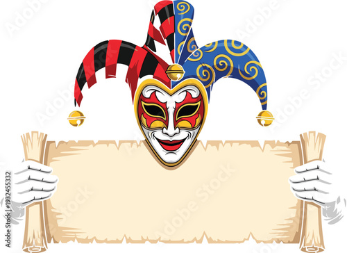 Venetian Jester Mask Holding Blank Scroll Banner Carnival Harlequin Design Vector Illustration