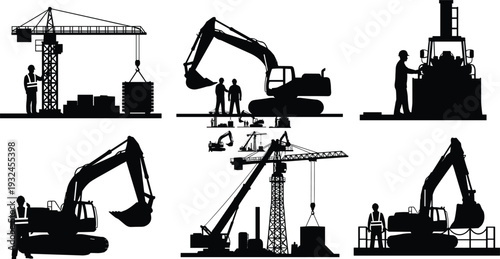 Black silhouette collage of construction workers, cranes, excavators, heavy machinery, teamwork, industrial equipment, building site, material handling illustration