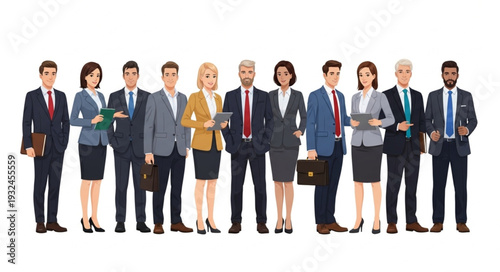 Group of diverse business professionals standing together in formal attire.