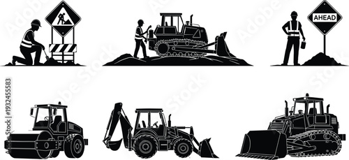 Black silhouette collection of construction machinery with bulldozer steam roller backhoe and workers isolated on white background for industrial vector design