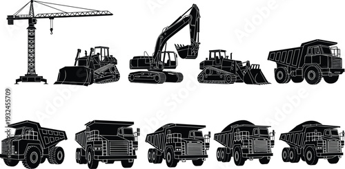 Black silhouette illustration of construction machinery, tower crane, bulldozer, excavator, crawler loader, dump trucks, heavy equipment, industrial site design