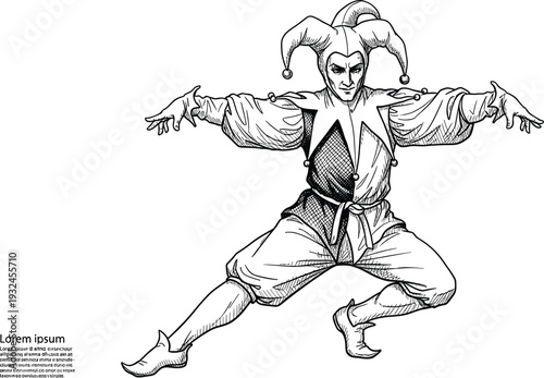 Vintage Jester in Dynamic Pose Traditional Court Fool Costume Hand Drawn Engraving Style Vector Illustration