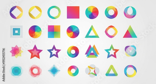 Colorful geometric shapes arranged in a visually appealing pattern on a light background.