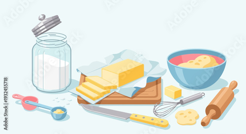 Baking Ingredients and Utensils Still Life Illustration.