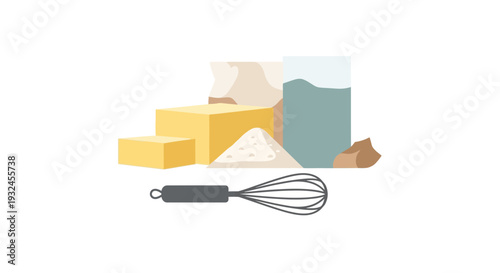 Baking Ingredients and Whisk Illustration for Culinary Projects.