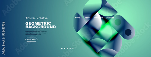 Abstract geometric background. Teal, blue hues dominate design. Text elements present, navigation visible. Modern aesthetic.