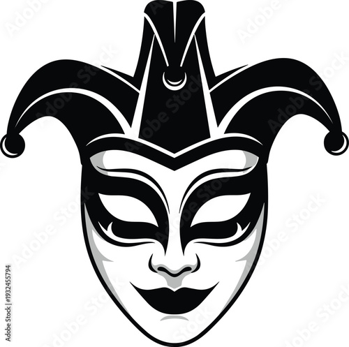 Black and White Jester Mask Face with Traditional Harlequin Hat Carnival Theater Vector Illustration