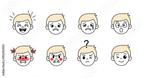 Diverse expressions of a cartoon boy showcasing various emotions and feelings.