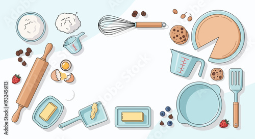 Baking Ingredients Frame Rolling Pin Whisk Dough and Measuring Cups.
