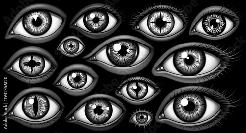 Intricate illustration of multiple eyes staring intensely at the viewer with detail.