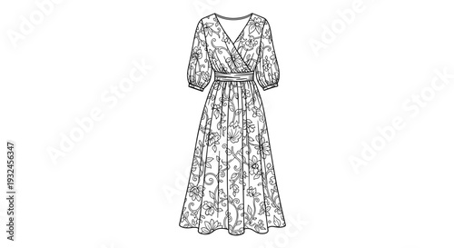 Floral midi dress line art black and white illustration