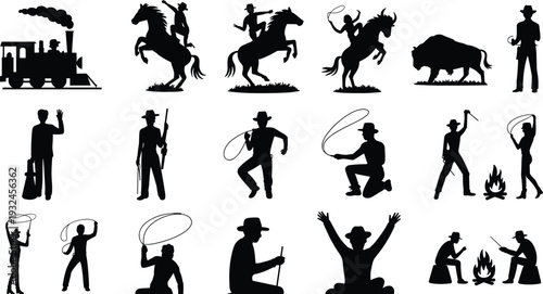 Black silhouette illustration of cowboys, horses, buffalo, steam train, lassos, and campfire scenes representing American Wild West culture