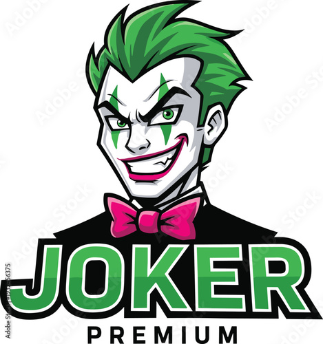 Modern Joker Mascot Logo with Green Hair and Evil Smile Premium Gaming Esports Vector Illustration Design