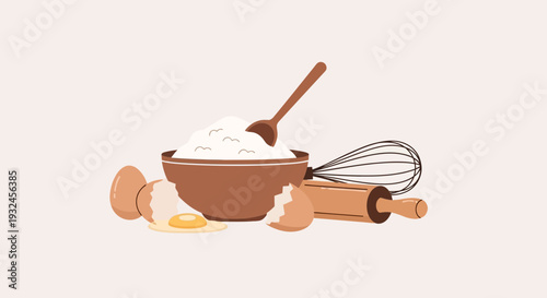 Baking Ingredients Still Life Eggs Flour Whisk and Rolling Pin.