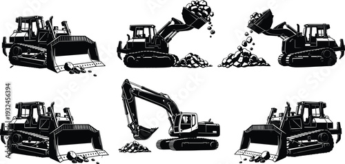 Black silhouette illustration of heavy construction machinery, bulldozers, excavators, loaders, pushing dirt, lifting rocks, dumping materials, industrial equipment design