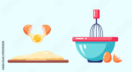 Baking Preparation Eggs Cracking Over Flour Bowl with Whisk.