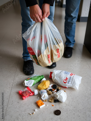 Correct and wrong behavior of littering waste. Person disposed improperly throwing away garbage on the floor. Trash is fallen on the ground. Littering garbage. Littering trash. Rubbish on the ground.