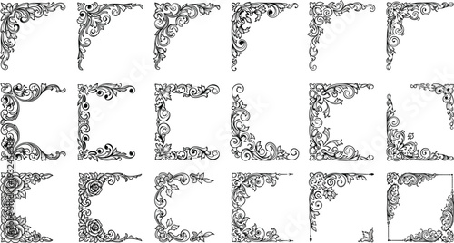 Vintage Ornamental Corner and Decorative Frame Border Collection with Intricate Floral Scrollwork Baroque Filigree Black Vector Isolated on White Background