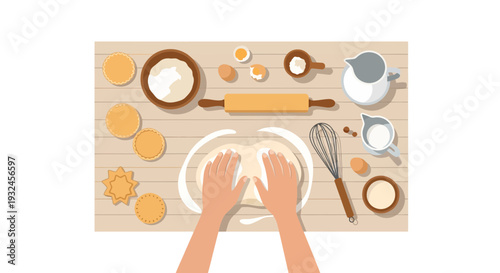 Baking Preparation Hands Kneading Dough with Ingredients on Wooden Surface.