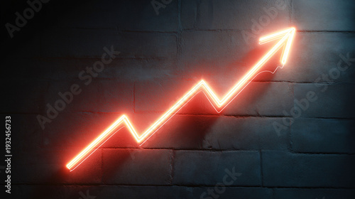 Abstract 3D glowing neon red arrow chart on a rustic brick wall background, representing financial growth, market success, and business upward trends in a modern style