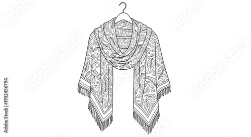Patterned poncho on hanger line art black and white illustration