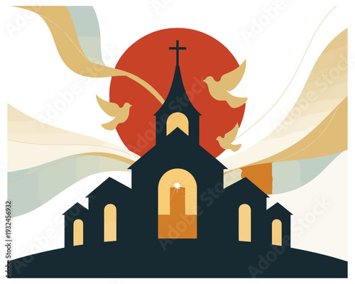 Silhouette of christian church building with cross atop steeple against bright red sunset and flying doves