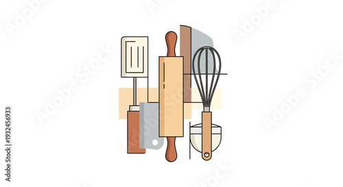 Baking Tools Illustration Spatula Rolling Pin Whisk and Bowl.