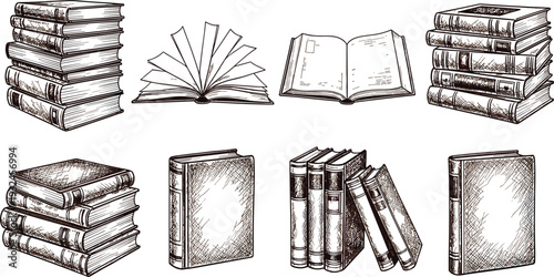 Vintage hand drawn book illustrations, stacks, open pages, closed covers, sketch style, literary art, education, reading, antique design