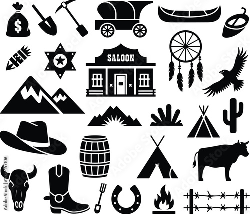 Black silhouette illustration of Wild West icons including cowboy hat, saloon, cactus, animals, weapons, and cultural frontier symbols
