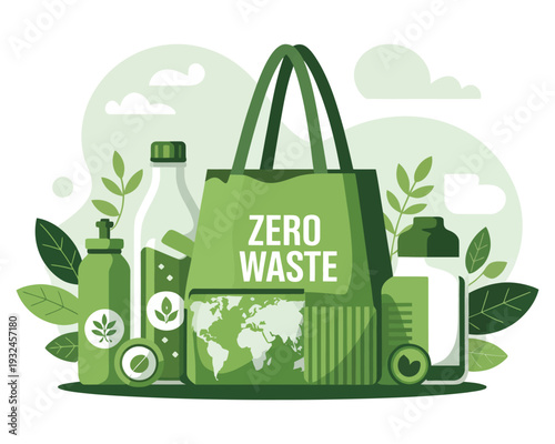 Zero waste concept with reusable tote bag water bottles and greenery promoting earth conservation lifestyle