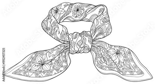 Floral patterned silk scarf line art black and white illustration