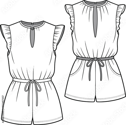 Flat vector fashion CAD drawing of women’s sleeveless romper with ruffle sleeves, drawstring waist, and keyhole neckline, front and back view