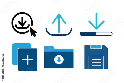 Collection of modern graphic user interface icons for digital transfer and file management operations