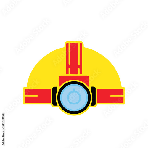 a red mining headlamp mounted on a yellow hard hat. This clean, flat-style icon represents industrial safety, mining, and exploration for professional or outdoor branding.