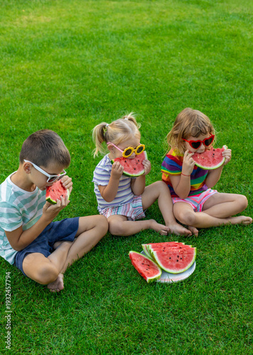 Happy children in sunglasses eating watermelon slices on green grass
