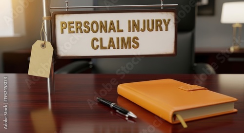 Personal Injury Claims Signage Above Desk with Notebook and Pen