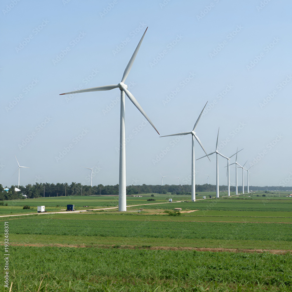 Fototapeta premium Broad landscape panorama of tall wind turbines over grassy terrain, ample negative space for copy, Ninh Thuan, Vietnam