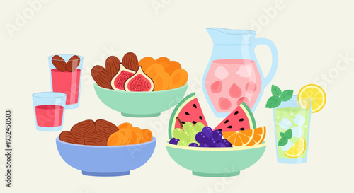 Colorful Fruit Bowls and Refreshing Drinks Illustration.