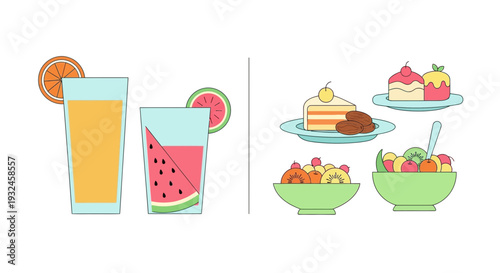 Colorful Fruit Desserts and Drinks Illustration.