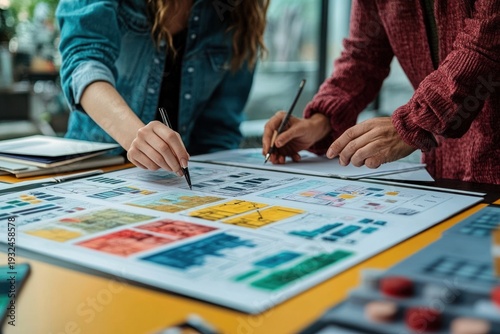 Two people leaning over a colorful design layout on a table, pointing with pens and collaborating in a focused, engaged creative planning session