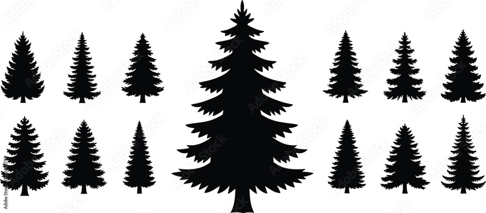 Fototapeta premium Christmas Pine Tree Silhouette Collection with Evergreen Fir Spruce Forest Shapes Black Nature Vector Illustration Set
