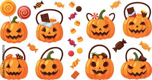 Halloween Pumpkin Candy Bucket Set with Jack O Lantern Faces Chocolate Sweets Lollipops and Trick or Treat Vector Illustration Collection