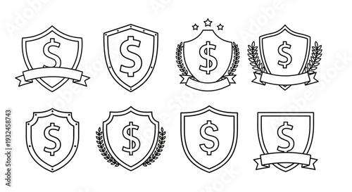 Minimalist line art shield icons with dollar sign for financial insurance and secure banking system concepts