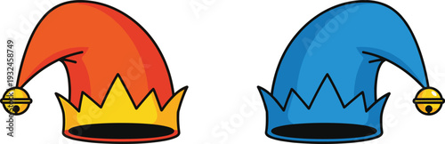 Red and Blue Jester Hats with Bells Cartoon Style Carnival Joker Cap Icon Set Vector Illustration